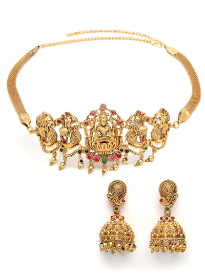 Sukkhi Trendy Gold Plated Red Green AD Stones Studded Gold Temple Choker Necklace Set With Jhumki/Jhumka Earring Jewellery Set For Women & Girls|Set of 1|NS106063
