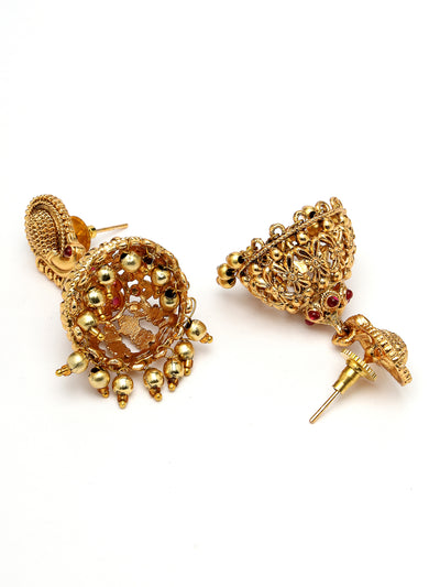 Sukkhi Trendy Gold Plated Red Green AD Stones Studded Gold Temple Choker Necklace Set With Jhumki/Jhumka Earring Jewellery Set For Women & Girls|Set of 1|NS106063