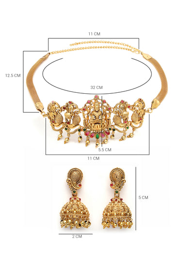 Sukkhi Trendy Gold Plated Red Green AD Stones Studded Gold Temple Choker Necklace Set With Jhumki/Jhumka Earring Jewellery Set For Women & Girls|Set of 1|NS106063