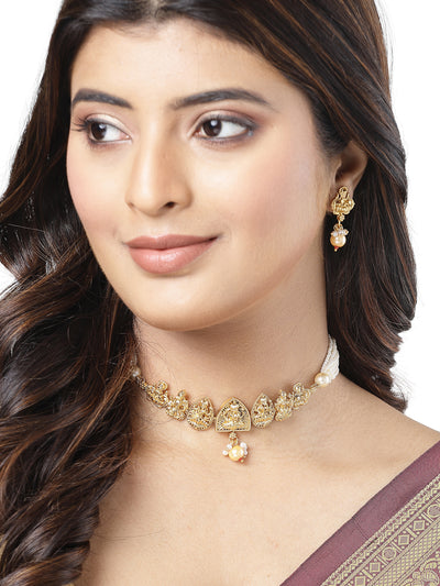 Sukkhi Ethnic Gold Plated Multistrand With White Beads Temple Choker Necklace Set with Drop Earring Jewellery Set For Women & Girls|Set of 1|NS106064