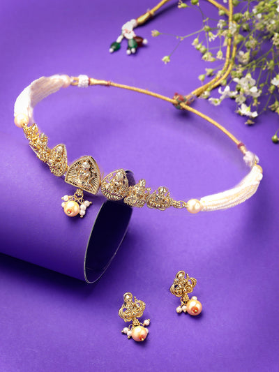 Sukkhi Ethnic Gold Plated Multistrand With White Beads Temple Choker Necklace Set with Drop Earring Jewellery Set For Women & Girls|Set of 1|NS106064