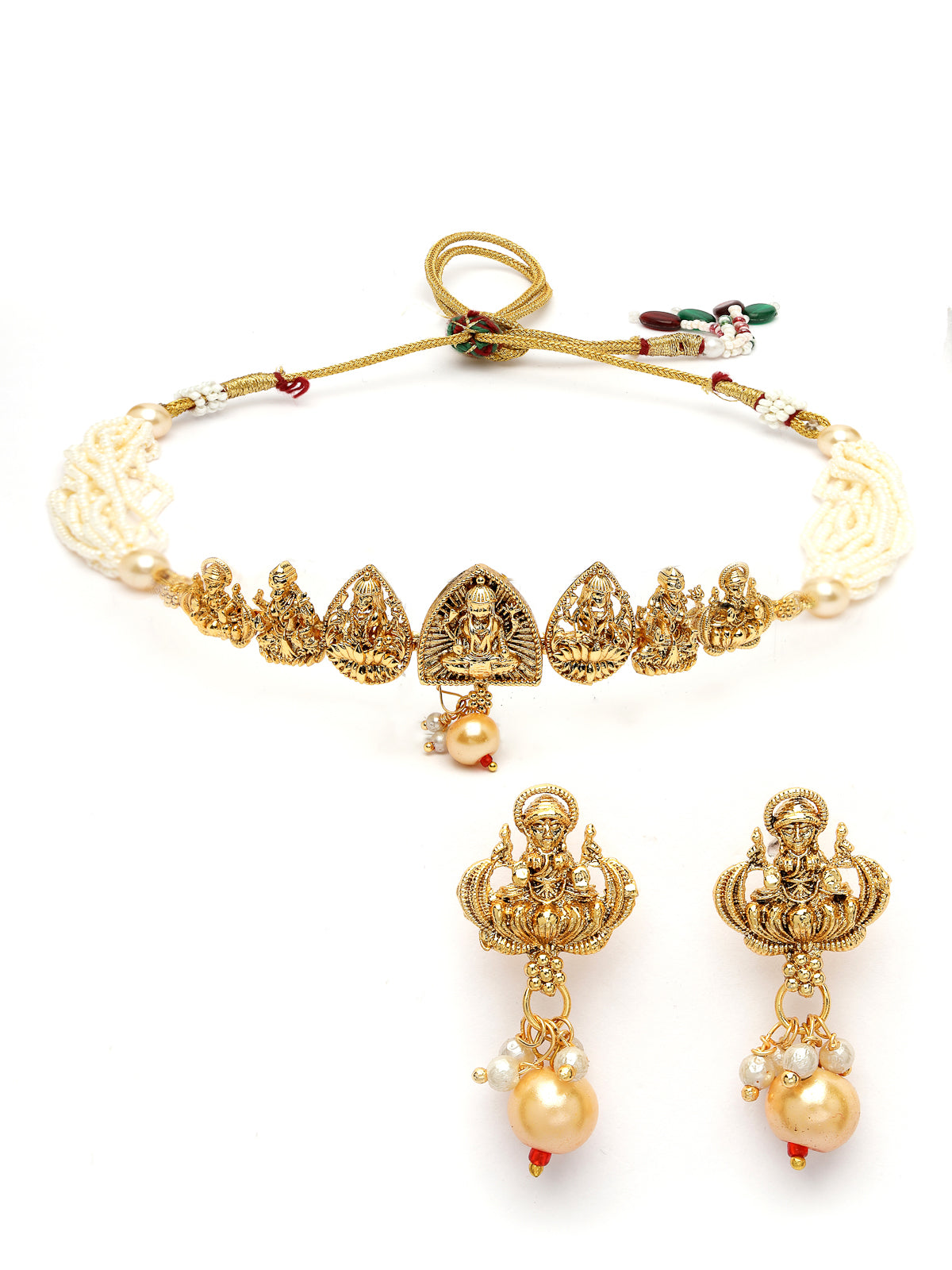 Sukkhi Ethnic Gold Plated Multistrand With White Beads Temple Choker Necklace Set with Drop Earring Jewellery Set For Women & Girls|Set of 1|NS106064