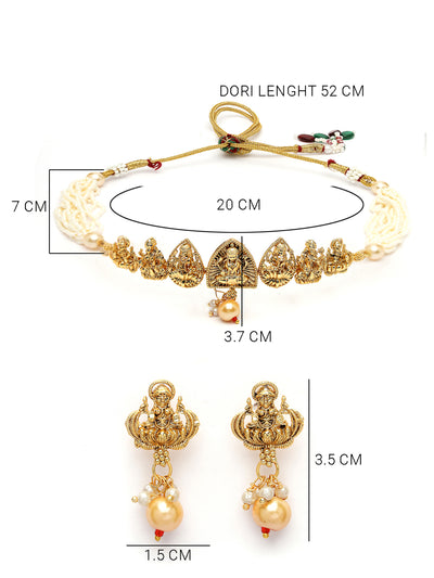 Sukkhi Ethnic Gold Plated Multistrand With White Beads Temple Choker Necklace Set with Drop Earring Jewellery Set For Women & Girls|Set of 1|NS106064