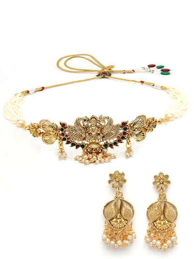 Sukkhi Classical Gold Plated Multistrand With Red Green AD Stones Studded Temple Choker Necklace Set with Dangler Earring Jewellery Set For Women & Girls|Set of 1|NS106065