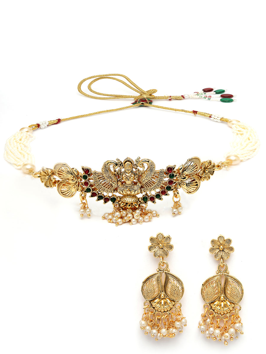 Sukkhi Classical Gold Plated Multistrand With Red Green AD Stones Studded Temple Choker Necklace Set with Dangler Earring Jewellery Set For Women & Girls|Set of 1|NS106065