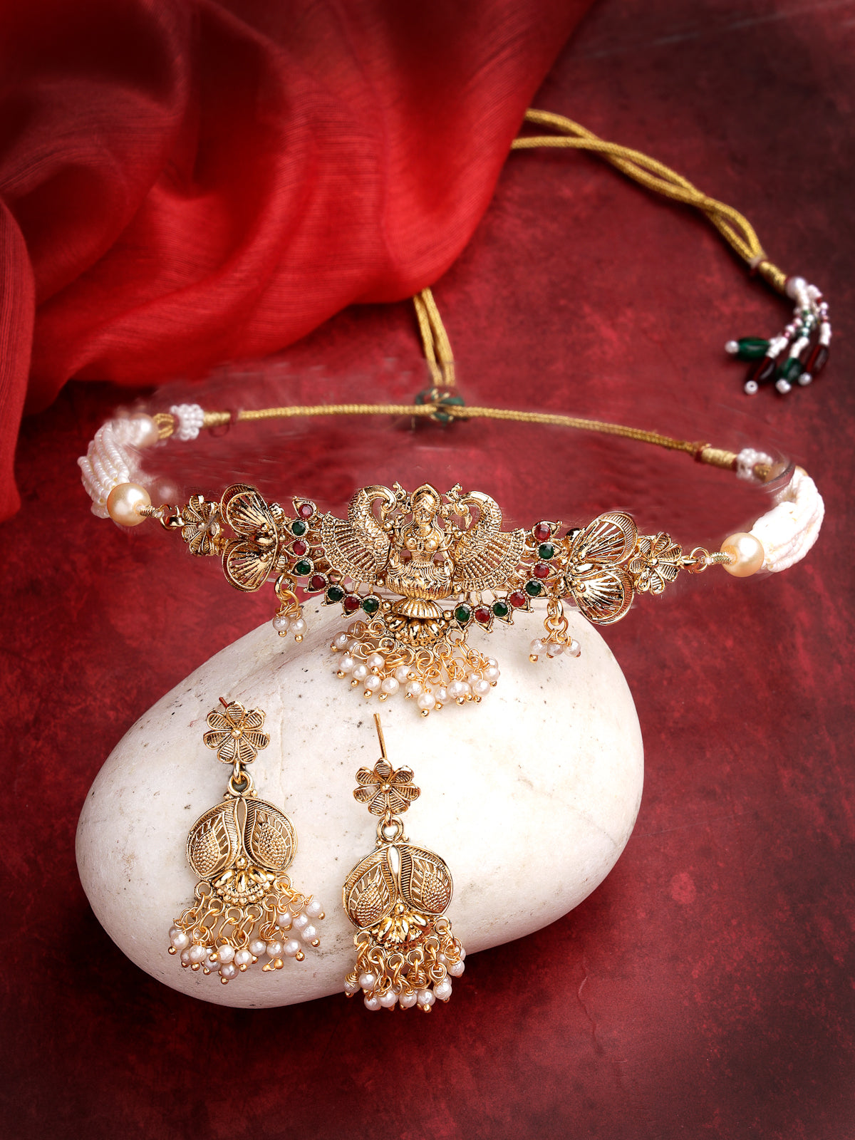 Sukkhi Classical Gold Plated Multistrand With Red Green AD Stones Studded Temple Choker Necklace Set with Dangler Earring Jewellery Set For Women & Girls|Set of 1|NS106065