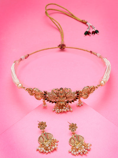 Sukkhi Classical Gold Plated Multistrand With Red Green AD Stones Studded Temple Choker Necklace Set with Dangler Earring Jewellery Set For Women & Girls|Set of 1|NS106065