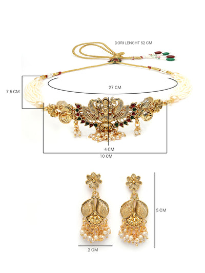 Sukkhi Classical Gold Plated Multistrand With Red Green AD Stones Studded Temple Choker Necklace Set with Dangler Earring Jewellery Set For Women & Girls|Set of 1|NS106065