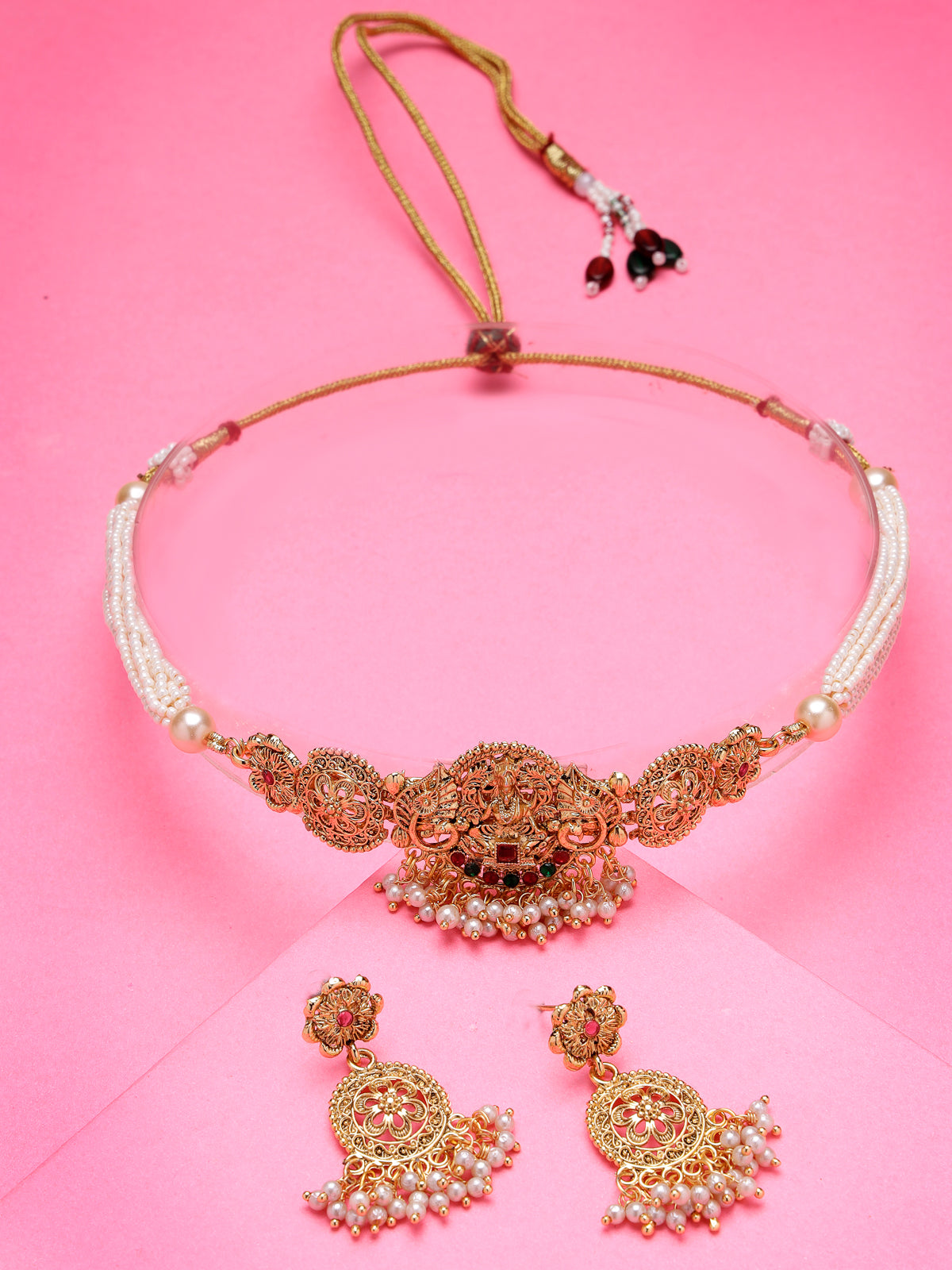 Sukkhi Traditional Gold Plated Multistrand With Red Green AD Stones Studded Temple Choker Necklace Set with Dangler Earring Jewellery Set For Women & Girls|Set of 1|NS106067