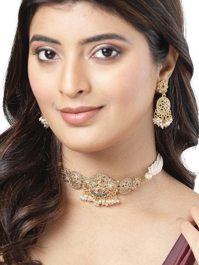 Sukkhi Traditional Gold Plated Multistrand With Red Green AD Stones Studded Temple Choker Necklace Set with Dangler Earring Jewellery Set For Women & Girls|Set of 1|NS106067