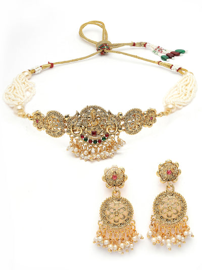Sukkhi Traditional Gold Plated Multistrand With Red Green AD Stones Studded Temple Choker Necklace Set with Dangler Earring Jewellery Set For Women & Girls|Set of 1|NS106067