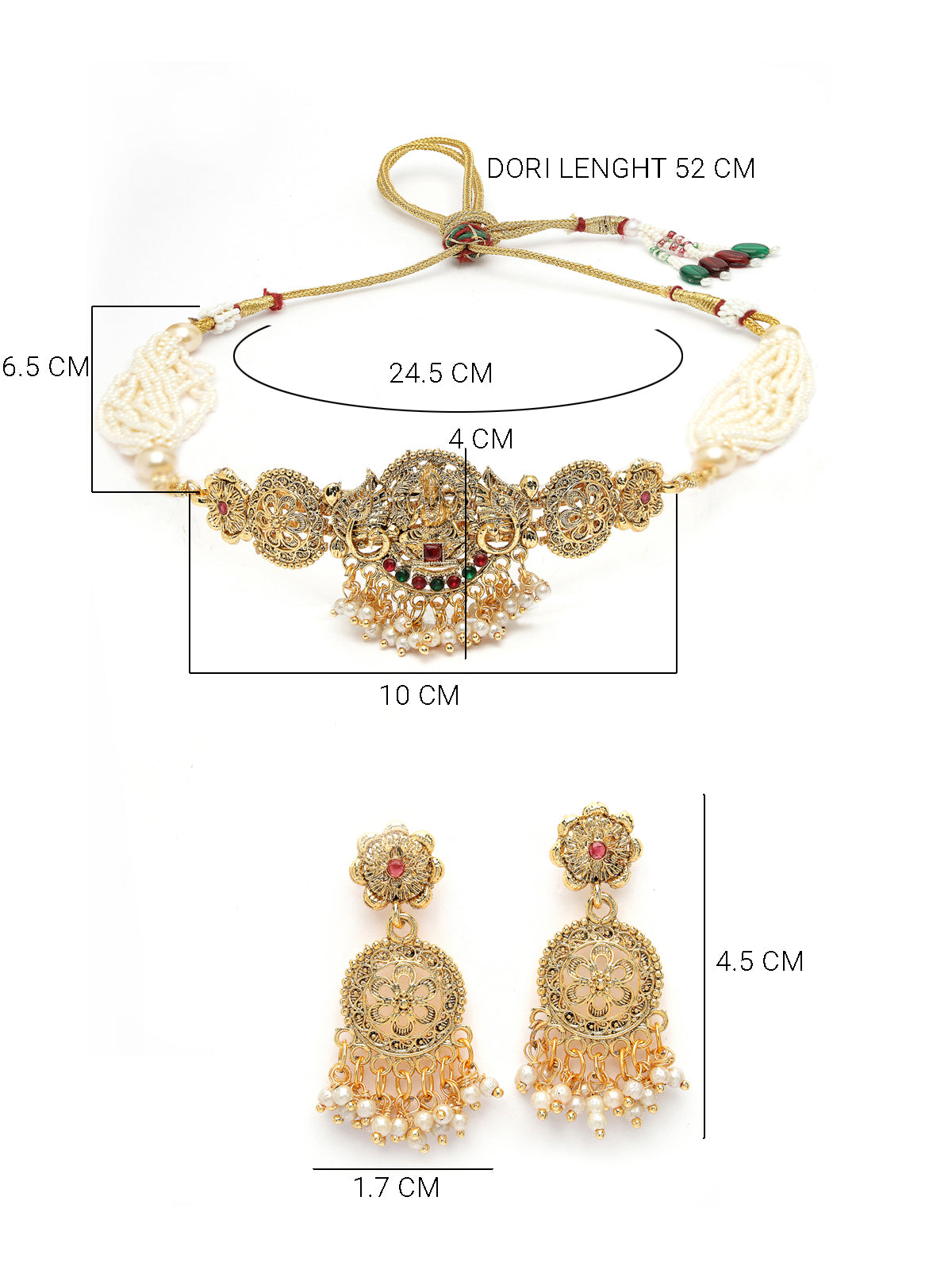 Sukkhi Traditional Gold Plated Multistrand With Red Green AD Stones Studded Temple Choker Necklace Set with Dangler Earring Jewellery Set For Women & Girls|Set of 1|NS106067