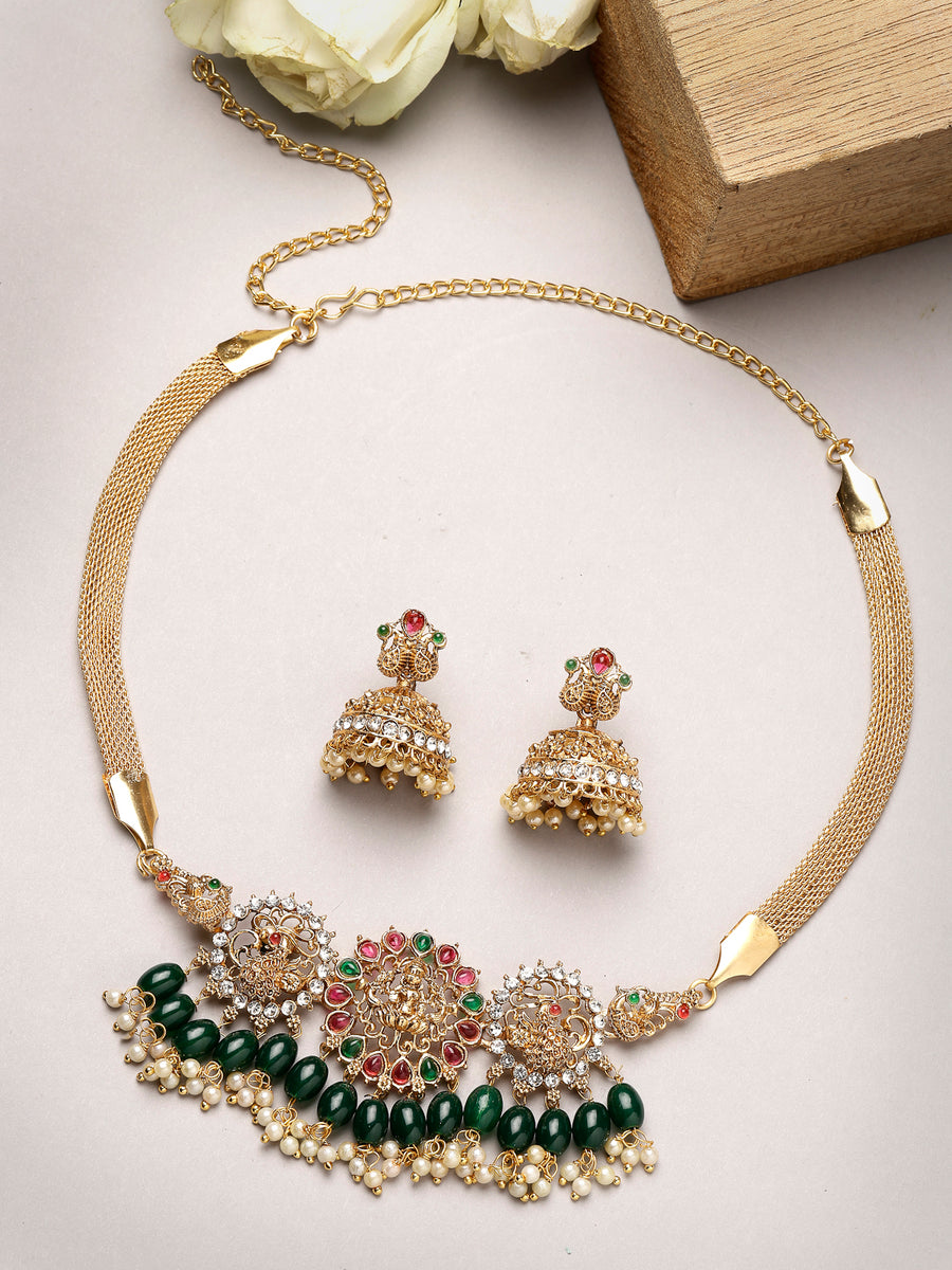 Sukkhi Iconic Traditional Gold Plated Red Green AD Stones Studded Temple Choker Necklace Set With Jhumki/Jhumka Earring Jewellery Set For Women & Girls|Set of 1|NS106068