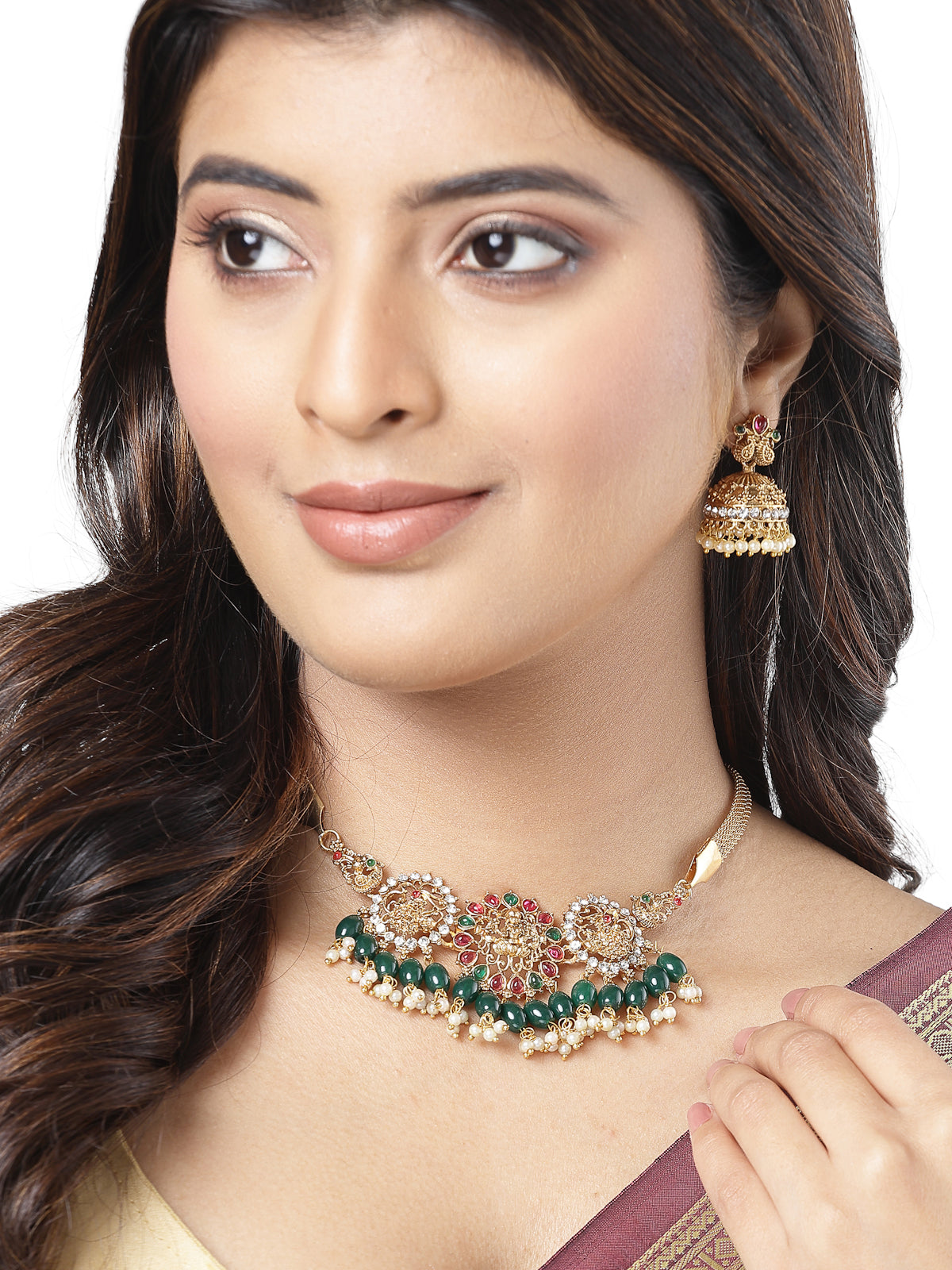 Sukkhi Iconic Traditional Gold Plated Red Green AD Stones Studded Temple Choker Necklace Set With Jhumki/Jhumka Earring Jewellery Set For Women & Girls|Set of 1|NS106068