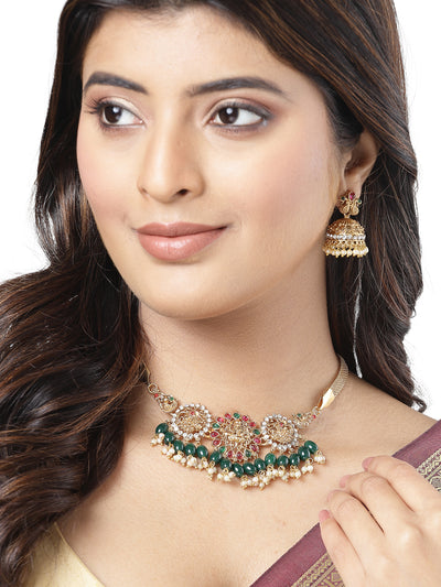 Sukkhi Iconic Traditional Gold Plated Red Green AD Stones Studded Temple Choker Necklace Set With Jhumki/Jhumka Earring Jewellery Set For Women & Girls|Set of 1|NS106068