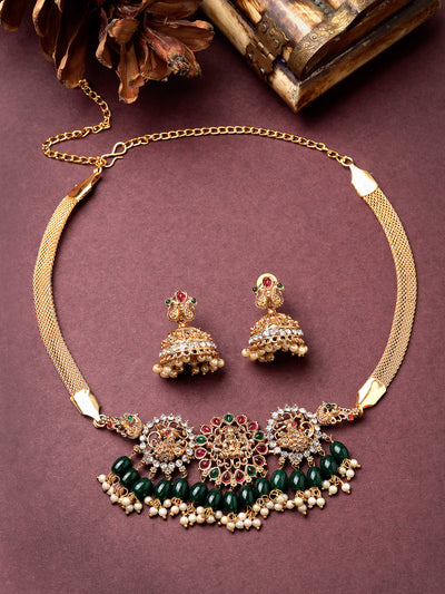 Sukkhi Iconic Traditional Gold Plated Red Green AD Stones Studded Temple Choker Necklace Set With Jhumki/Jhumka Earring Jewellery Set For Women & Girls|Set of 1|NS106068