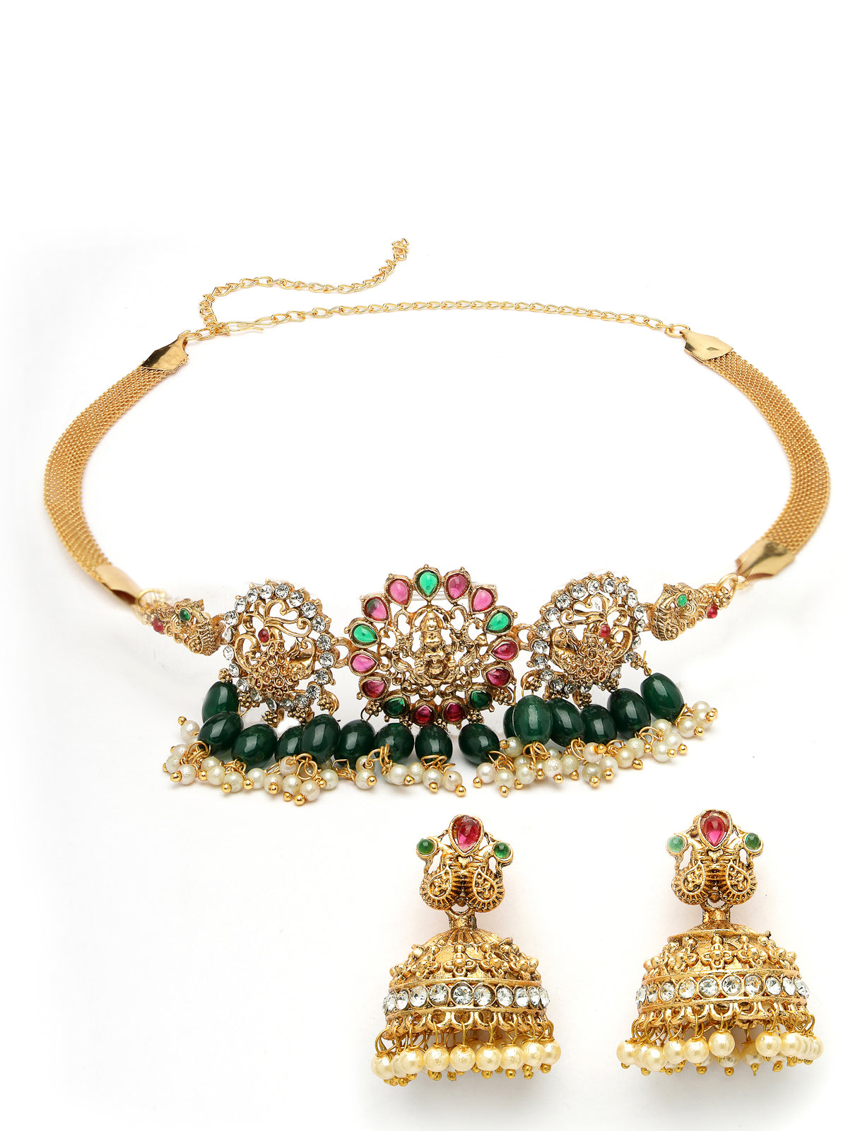 Sukkhi Iconic Traditional Gold Plated Red Green AD Stones Studded Temple Choker Necklace Set With Jhumki/Jhumka Earring Jewellery Set For Women & Girls|Set of 1|NS106068