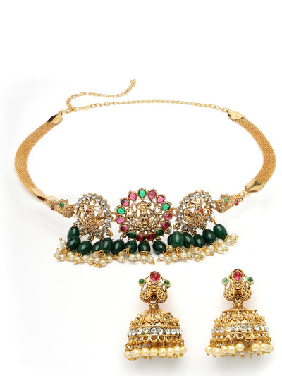 Sukkhi Iconic Traditional Gold Plated Red Green AD Stones Studded Temple Choker Necklace Set With Jhumki/Jhumka Earring Jewellery Set For Women & Girls|Set of 1|NS106068