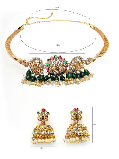 Sukkhi Iconic Traditional Gold Plated Red Green AD Stones Studded Temple Choker Necklace Set With Jhumki/Jhumka Earring Jewellery Set For Women & Girls|Set of 1|NS106068