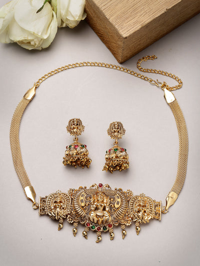 Sukkhi Trendy Gold Plated Red Green AD Stones Studded Gold Temple Choker Necklace Set With Jhumki/Jhumka Earring Jewellery Set For Women & Girls|Set of 1|NS106069