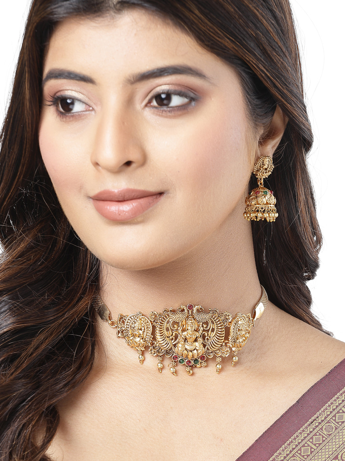 Sukkhi Trendy Gold Plated Red Green AD Stones Studded Gold Temple Choker Necklace Set With Jhumki/Jhumka Earring Jewellery Set For Women & Girls|Set of 1|NS106069