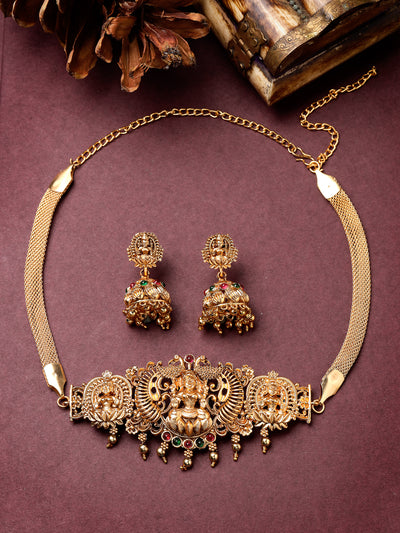 Sukkhi Trendy Gold Plated Red Green AD Stones Studded Gold Temple Choker Necklace Set With Jhumki/Jhumka Earring Jewellery Set For Women & Girls|Set of 1|NS106069