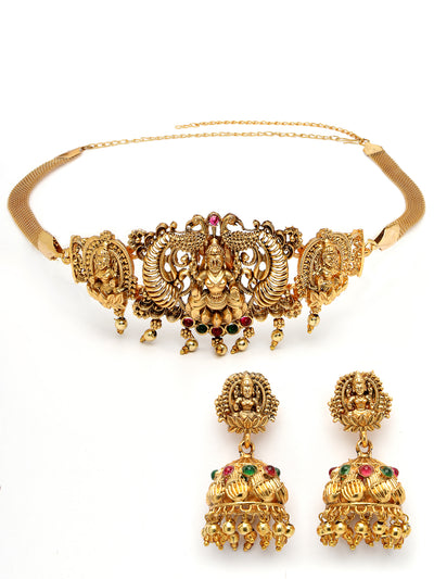 Sukkhi Trendy Gold Plated Red Green AD Stones Studded Gold Temple Choker Necklace Set With Jhumki/Jhumka Earring Jewellery Set For Women & Girls|Set of 1|NS106069