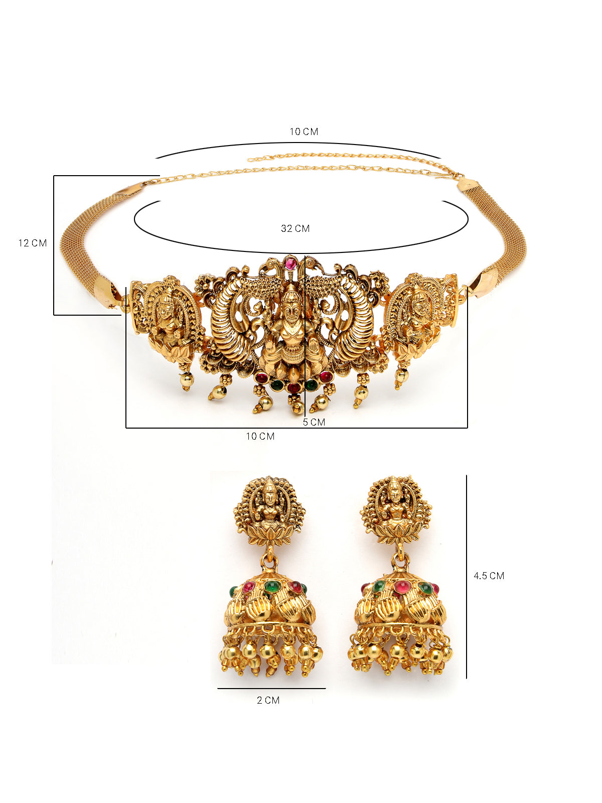 Sukkhi Trendy Gold Plated Red Green AD Stones Studded Gold Temple Choker Necklace Set With Jhumki/Jhumka Earring Jewellery Set For Women & Girls|Set of 1|NS106069