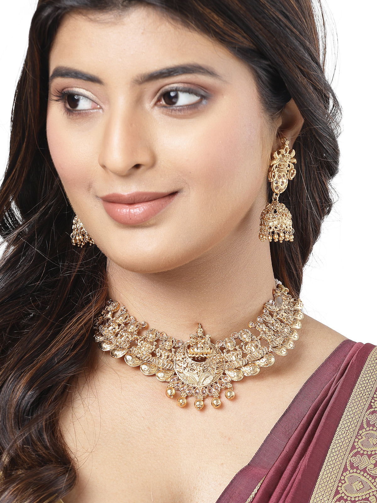 Sukkhi Admirable Traditional Gold Plated Golden Temple Choker Necklace Set with Jhumki/Jhumka Earrings Jewellery Set For Women & Girls|Set of 1|NS106070