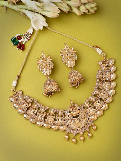 Sukkhi Admirable Traditional Gold Plated Golden Temple Choker Necklace Set with Jhumki/Jhumka Earrings Jewellery Set For Women & Girls|Set of 1|NS106070