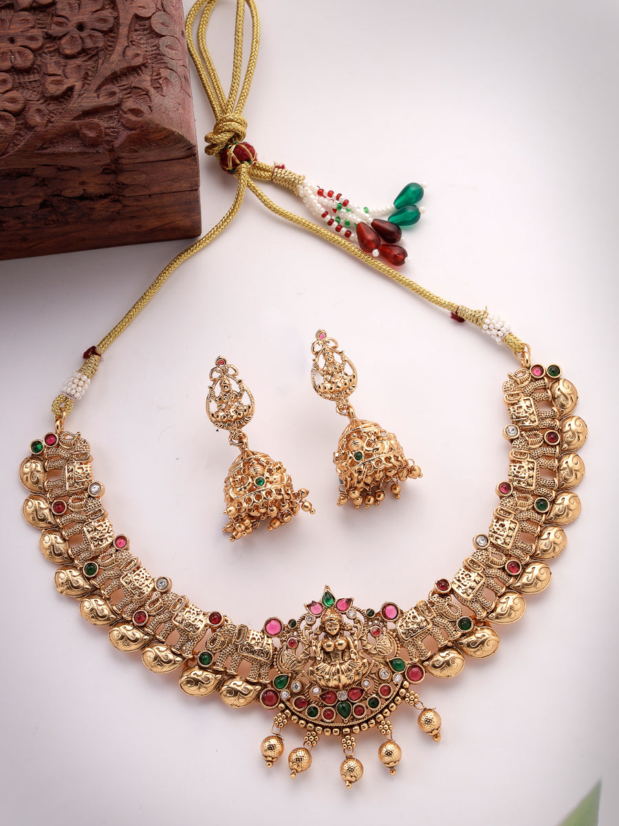 Sukkhi Traditional Cultural Gold Plated AD Stones Studded Choker Temple Jewellery Gold Haram Designs Necklace Set with Jhumki/Jhumka Earrings Jewellery Set For Women & Girls|Set of 1|NS106072
