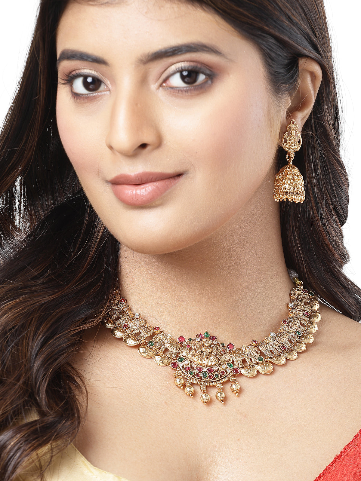 Sukkhi Traditional Cultural Gold Plated AD Stones Studded Choker Temple Jewellery Gold Haram Designs Necklace Set with Jhumki/Jhumka Earrings Jewellery Set For Women & Girls|Set of 1|NS106072