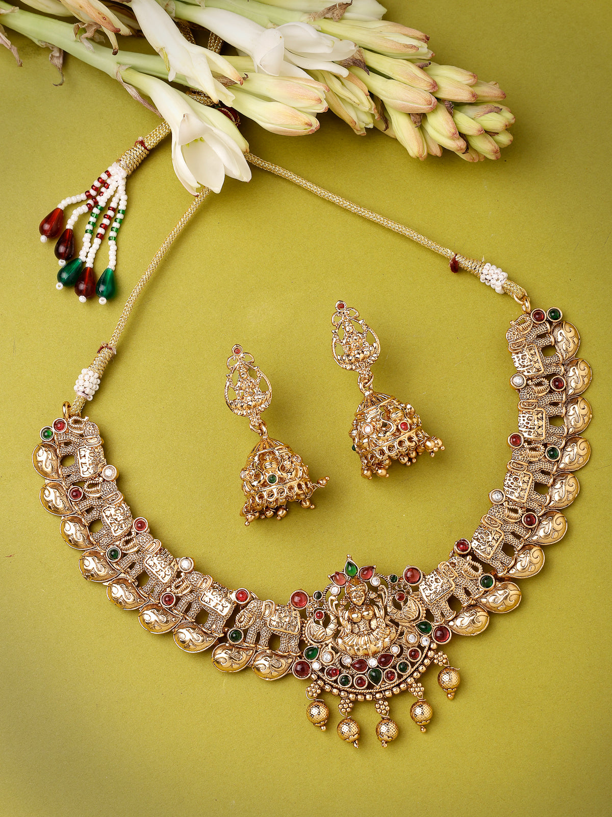 Sukkhi Traditional Cultural Gold Plated AD Stones Studded Choker Temple Jewellery Gold Haram Designs Necklace Set with Jhumki/Jhumka Earrings Jewellery Set For Women & Girls|Set of 1|NS106072