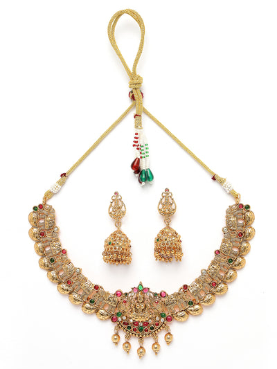 Sukkhi Traditional Cultural Gold Plated AD Stones Studded Choker Temple Jewellery Gold Haram Designs Necklace Set with Jhumki/Jhumka Earrings Jewellery Set For Women & Girls|Set of 1|NS106072