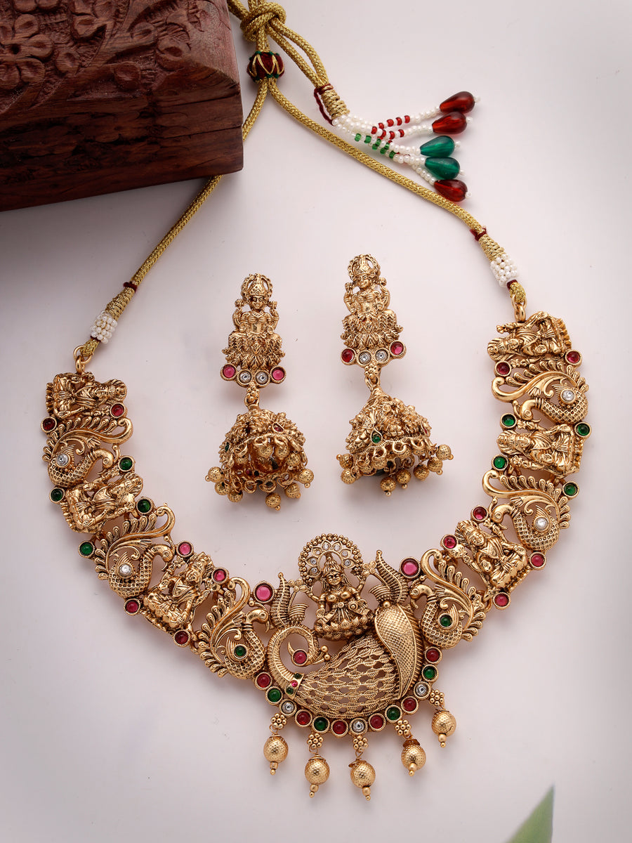 Sukkhi All-Season Ornate Gold Plated AD Stones Studded Temple with Peacock Choker Necklace Set with Jhumka/Jhumki Earrings Jewellery Set For Women|Set of 1|NS106073