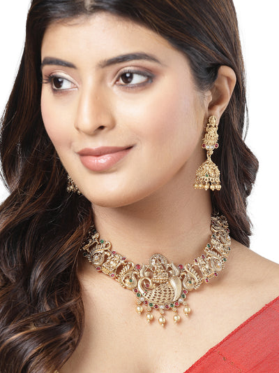 Sukkhi All-Season Ornate Gold Plated AD Stones Studded Temple with Peacock Choker Necklace Set with Jhumka/Jhumki Earrings Jewellery Set For Women|Set of 1|NS106073