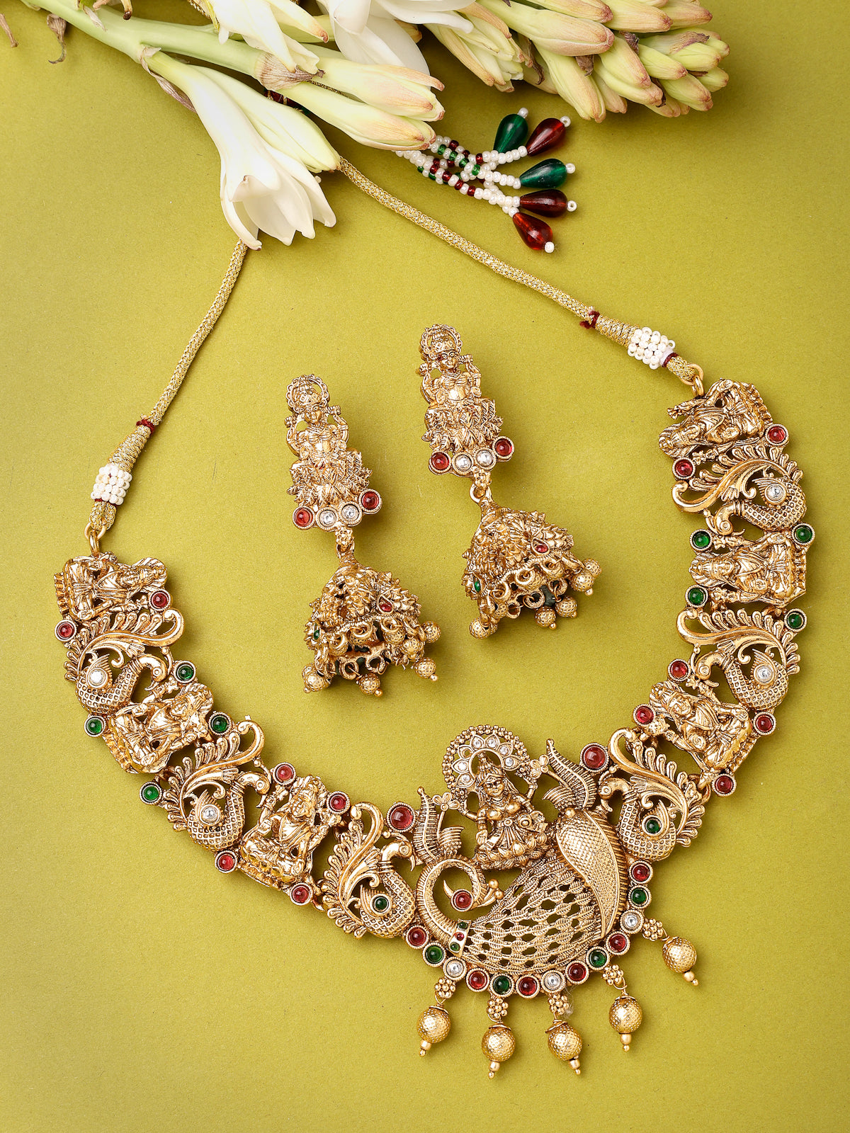 Sukkhi All-Season Ornate Gold Plated AD Stones Studded Temple with Peacock Choker Necklace Set with Jhumka/Jhumki Earrings Jewellery Set For Women|Set of 1|NS106073