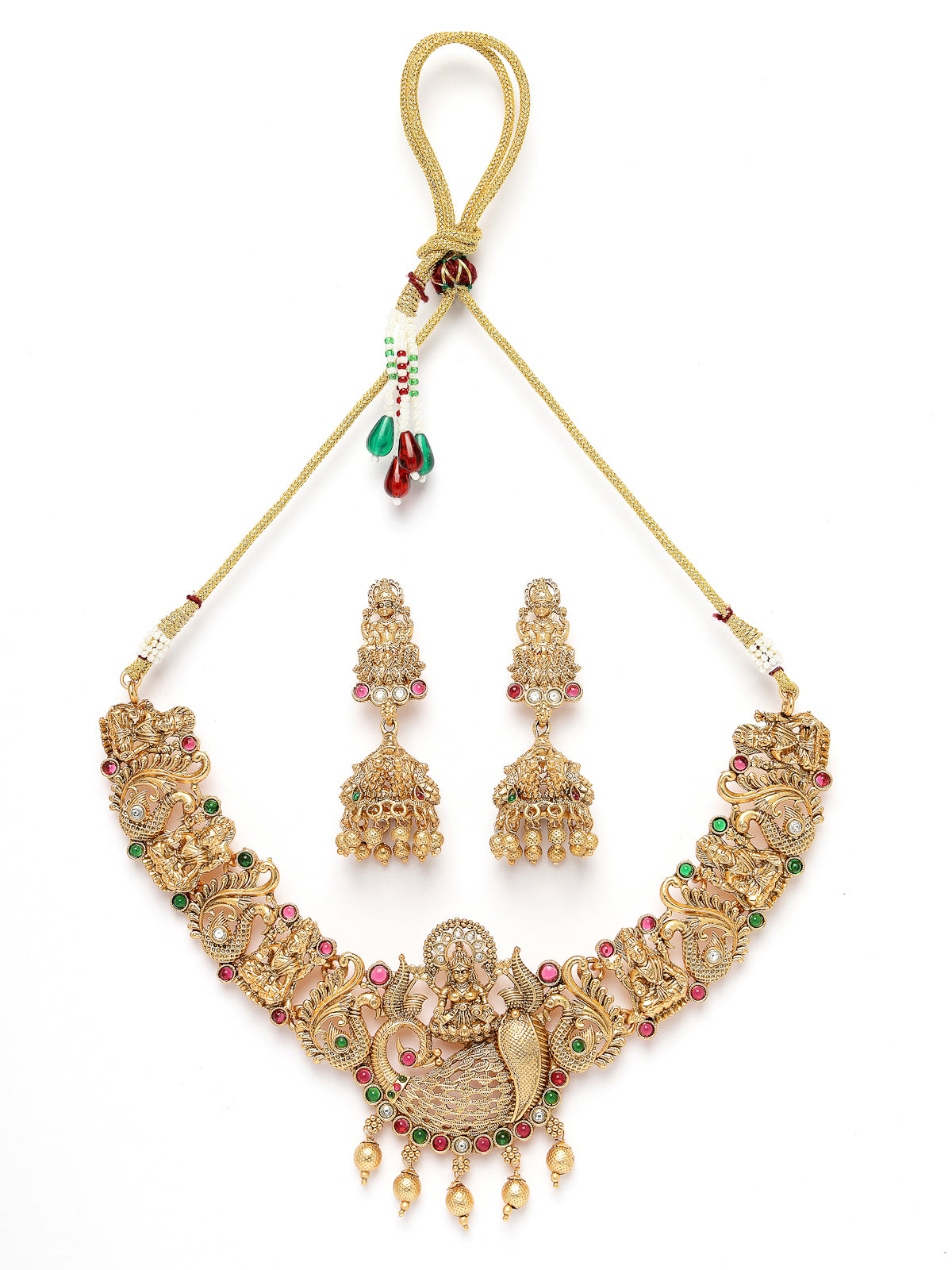 Sukkhi All-Season Ornate Gold Plated AD Stones Studded Temple with Peacock Choker Necklace Set with Jhumka/Jhumki Earrings Jewellery Set For Women|Set of 1|NS106073