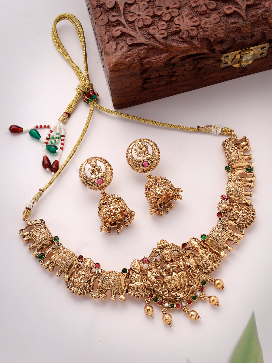 Sukkhi Temple Jewellery Set Gold Plated Temple with Elephant Choker Necklace Set with Jhumki/Jhumka Earrings Jewellery Set For Women & Girls|Set of 1|NS106074