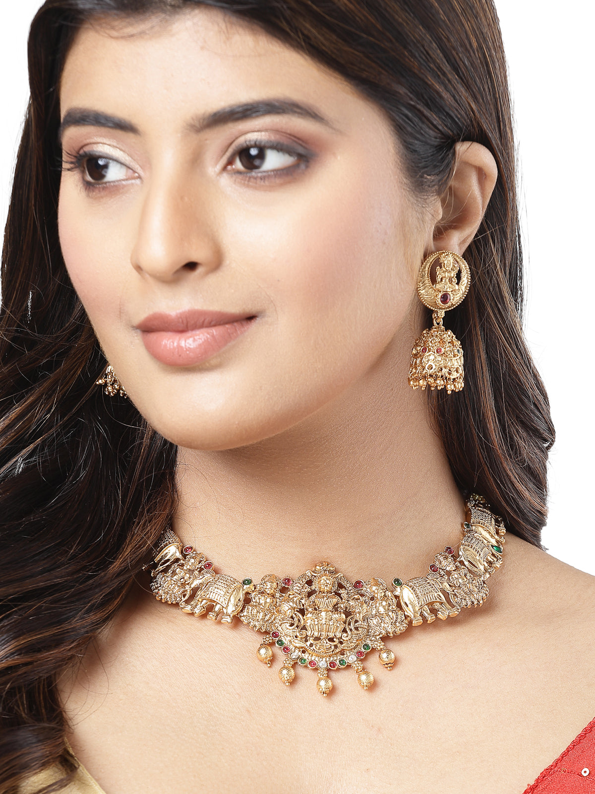 Sukkhi Temple Jewellery Set Gold Plated Temple with Elephant Choker Necklace Set with Jhumki/Jhumka Earrings Jewellery Set For Women & Girls|Set of 1|NS106074