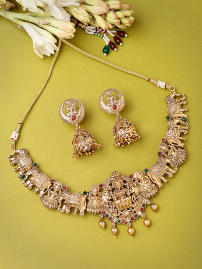 Sukkhi Temple Jewellery Set Gold Plated Temple with Elephant Choker Necklace Set with Jhumki/Jhumka Earrings Jewellery Set For Women & Girls|Set of 1|NS106074