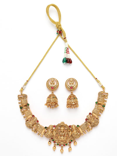 Sukkhi Temple Jewellery Set Gold Plated Temple with Elephant Choker Necklace Set with Jhumki/Jhumka Earrings Jewellery Set For Women & Girls|Set of 1|NS106074