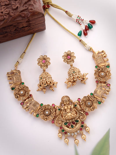 Sukkhi Classic Traditional Gold Plated Temple Choker Necklace Set  with Jhumka/Jhumki Earrings Jewellery Set For Women||NS106075