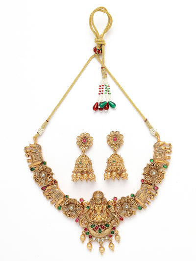 Sukkhi Classic Traditional Gold Plated Temple Choker Necklace Set  with Jhumka/Jhumki Earrings Jewellery Set For Women||NS106075