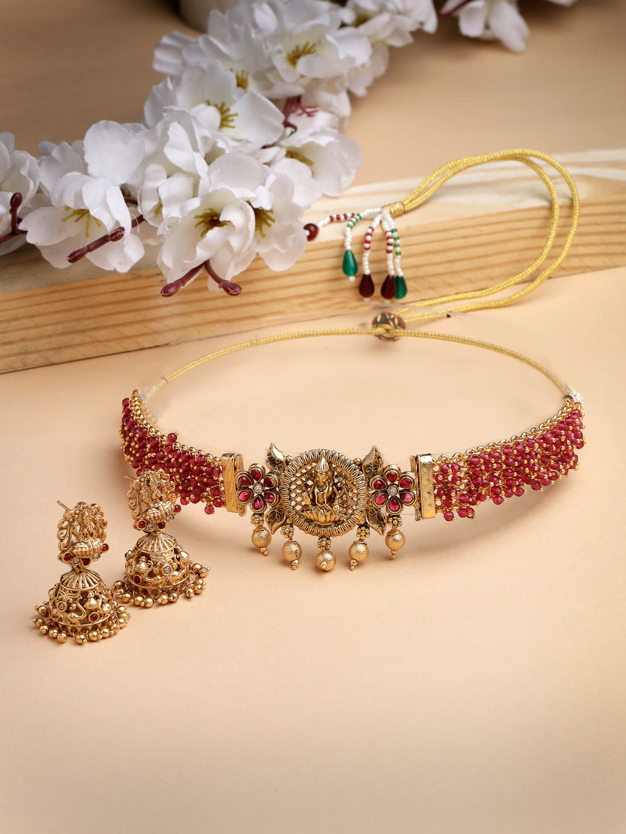 Sukkhi Indian Traditional Gold Plated Rani Pink Glass Beadded Temple Choker Necklace Set with Jhumki/Jhumka Earrings Jewellery Set For Women & Girls|NS106076