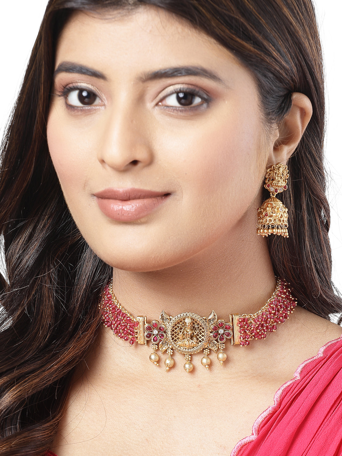 Sukkhi Indian Traditional Gold Plated Rani Pink Glass Beadded Temple Choker Necklace Set with Jhumki/Jhumka Earrings Jewellery Set For Women & Girls|NS106076