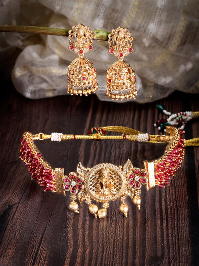 Sukkhi Indian Traditional Gold Plated Rani Pink Glass Beadded Temple Choker Necklace Set with Jhumki/Jhumka Earrings Jewellery Set For Women & Girls|NS106076