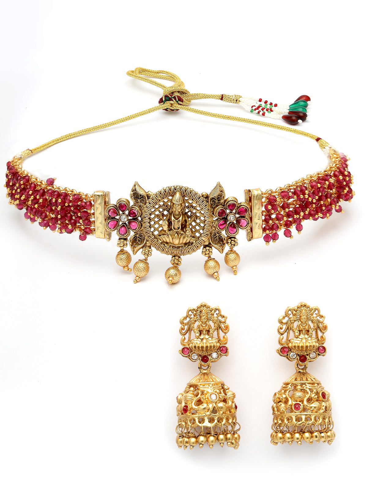 Sukkhi Indian Traditional Gold Plated Rani Pink Glass Beadded Temple Choker Necklace Set with Jhumki/Jhumka Earrings Jewellery Set For Women & Girls|NS106076
