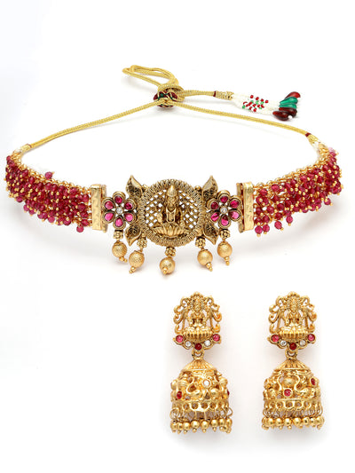Sukkhi Indian Traditional Gold Plated Rani Pink Glass Beadded Temple Choker Necklace Set with Jhumki/Jhumka Earrings Jewellery Set For Women & Girls|NS106076