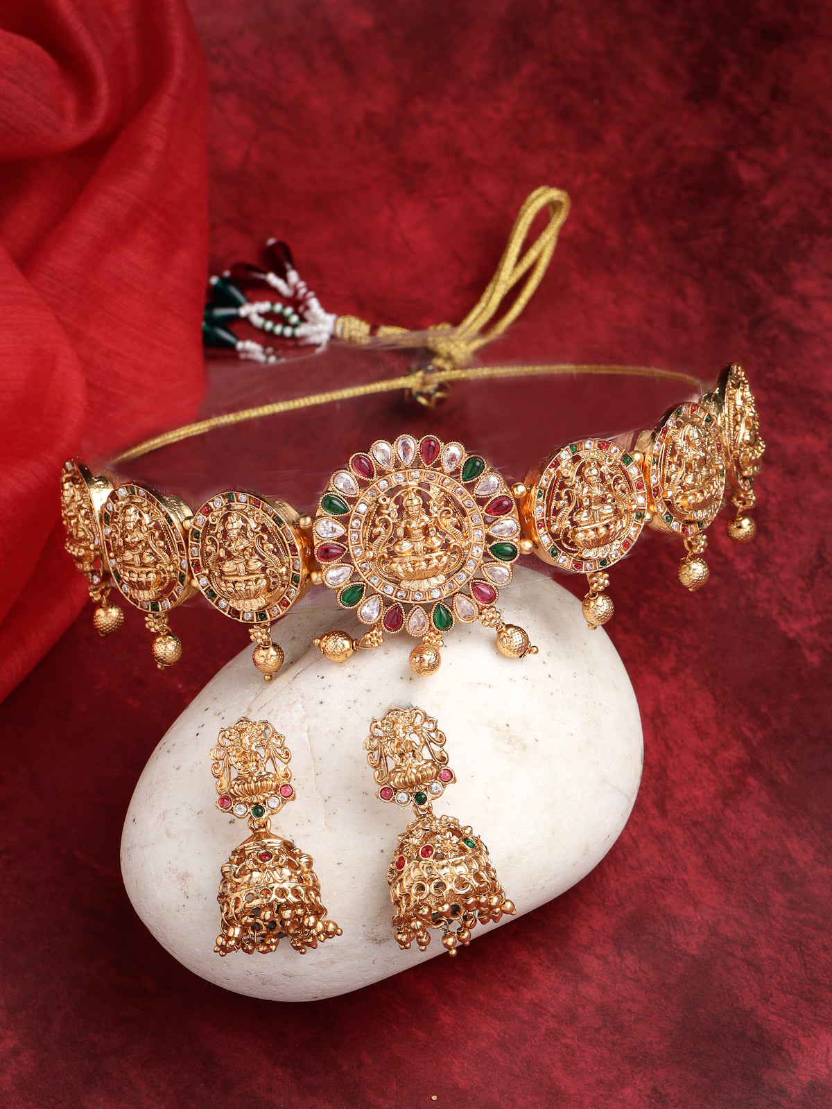 Sukkhi Cultivated Gold Plated Red Green AD Stones Studded Temple Gold Choker Necklace Set with Jhumki/Jhumka Earrings Jewellery Set For Women & Girls|NS106077